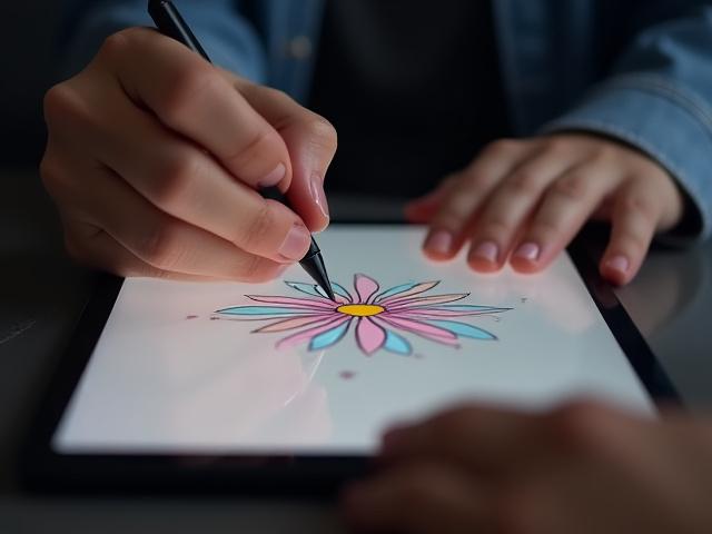 タブレットで花を描く手。