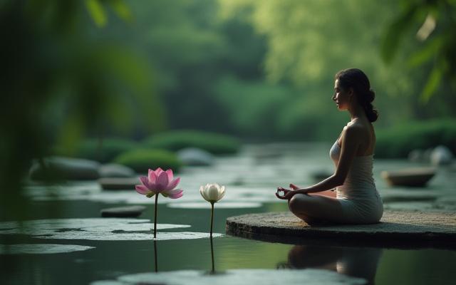 蓮の花が咲く池の横で瞑想する人物。静けさと集中を象徴。